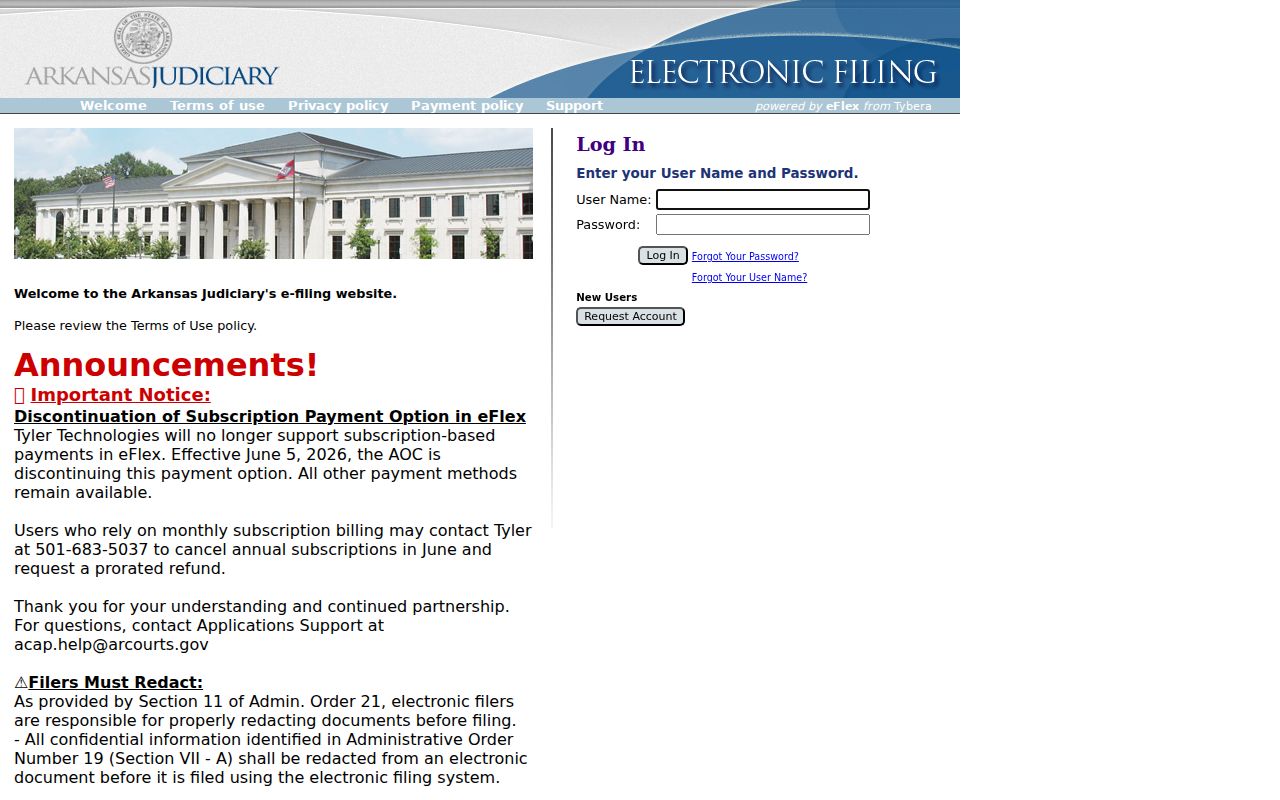 Arkansas eFlex filing system distinct from Grant County civil court docket search