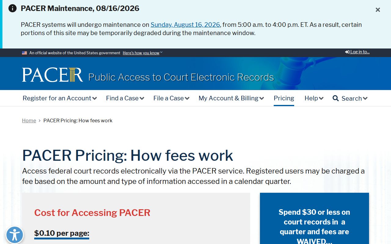 Sheridan court records federal PACER fee schedule